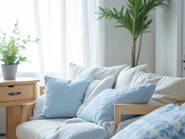 Ljust inrett rum med möbler i ljust trä och blåvita textilier, inspirerat av skärgården