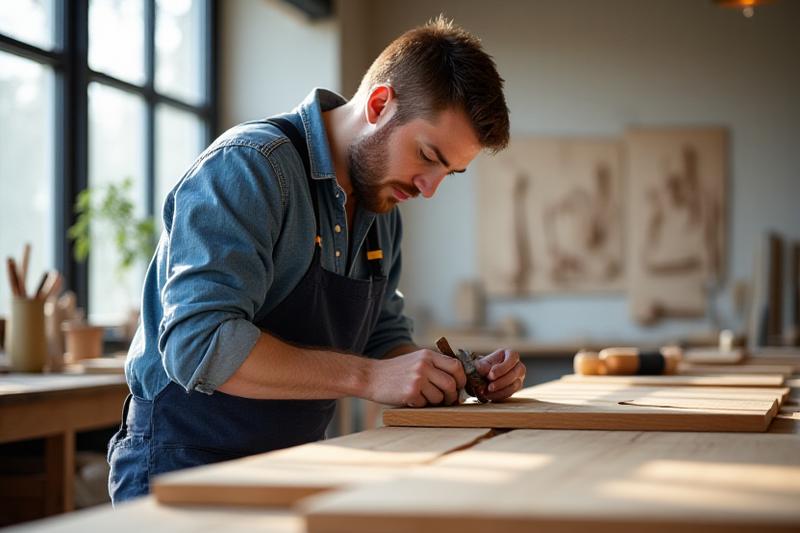Grundare arbetar i verkstad, omgiven av trä och designskisser