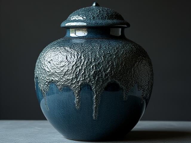 Dekorativ urna i mörk keramik med texturer som påminner om djuphavet