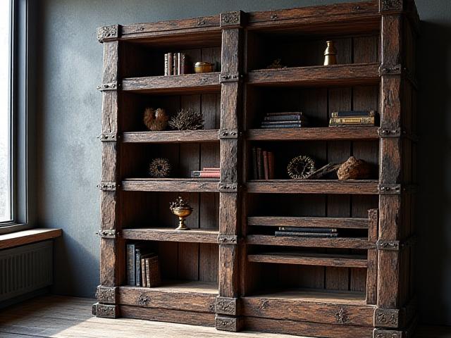 Robust bokhylla i mörkt trä med detaljer som påminner om ett dykarvrak