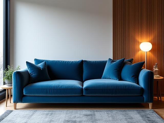 Havsbris soffa i blått tyg med kuddar