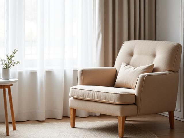 Bekväm fåtölj i ljusbeige tyg med trädetaljer, liknar en strandkant